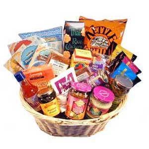 Gift basket packed full of spicy foods and ingredients