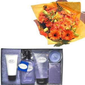 Bouquet of flowers and lavender pampering gift box perfect for birthdays, anniversaries, to say sorry or thank you