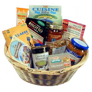 Gift basket packed full of foods and ingredients for a vegetarian